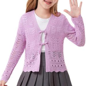 imageGRACE KARIN Girls Long Sleeve Cardigan Sweater Tie Front Bow V Neck Crochet Knit Lightweight Shrug 512 YearsPurple