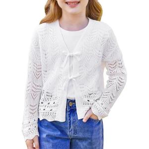imageGRACE KARIN Girls Long Sleeve Cardigan Sweater Tie Front Bow V Neck Crochet Knit Lightweight Shrug 512 YearsWhite