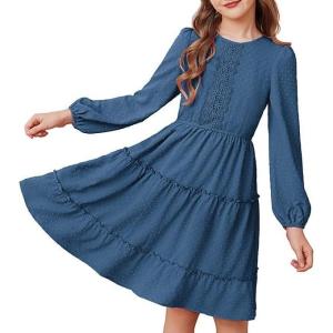 imageGRACE KARIN Girls Long Sleeve Fall Dress Casual Party Teen Swiss Dot Ruffle Tiered Lace Dresses for 714 YearsDeep Blue