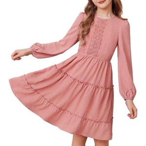 imageGRACE KARIN Girls Long Sleeve Fall Dress Casual Party Teen Swiss Dot Ruffle Tiered Lace Dresses for 714 YearsOrange Pink
