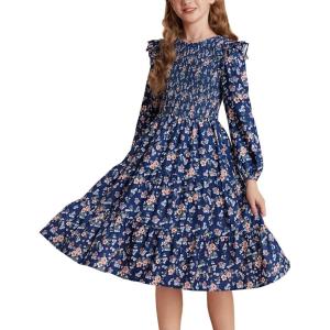 imageGRACE KARIN Girls Long Sleeve Fall Floral Dress Ruffle Round Neck Smocked Layered HemNavy Blue Flower