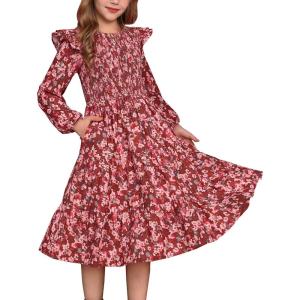 imageGRACE KARIN Girls Long Sleeve Fall Floral Dress Ruffle Round Neck Smocked Layered HemWine Red Flower