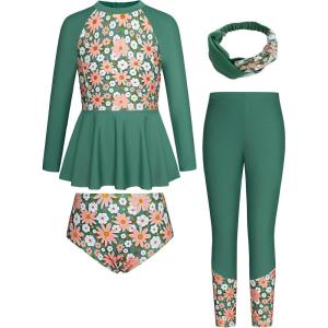 imageGRACE KARIN Girls Long Sleeve Swimsuit Mermaid Bathing Suit Rash Guard Swimwear 4 Piece Size 512Deep Greendaisy