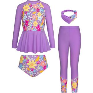 imageGRACE KARIN Girls Long Sleeve Swimsuit Mermaid Bathing Suit Rash Guard Swimwear 4 Piece Size 512Purplefloral