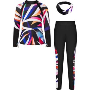 imageGRACE KARIN Girls Long Sleeve Swimsuit Two Piece Rashguard Floral Swimwear 614YColorful Leopard Gradient Black Geometric Pattern
