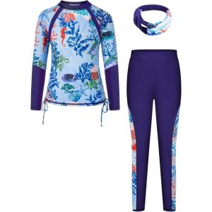 imageGRACE KARIN Girls Long Sleeve Swimsuit Two Piece Rashguard Floral Swimwear 614YColorful Leopard Gradient Blue Coral