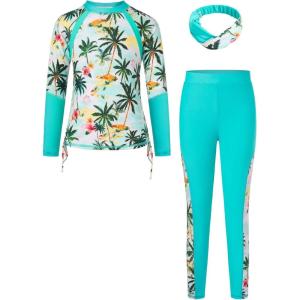 imageGRACE KARIN Girls Long Sleeve Swimsuit Two Piece Rashguard Floral Swimwear 614YColorful Leopard Gradient Green Coconut Tree