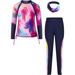 imageGRACE KARIN Girls Long Sleeve Swimsuit Two Piece Rashguard Floral Swimwear 614YColorful Leopard Gradient Pink Yellow Blue Leaves