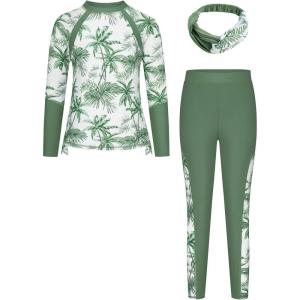 imageGRACE KARIN Girls Long Sleeve Swimsuit Two Piece Rashguard Floral Swimwear 614YGreen Coconut Tree