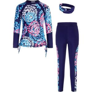 imageGRACE KARIN Girls Long Sleeve Swimsuit Two Piece Rashguard Floral Swimwear 614YNavy
