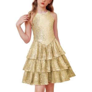 imageGRACE KARIN Girls Sequin Party Dress Kids Sparkly Formal Birthday Teen Special Occasion Fancy Pageant Dresses Size 614Gold