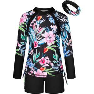 imageGRACE KARIN Girls Swimsuit Long Sleeve Rashguard Set 2Piece Bathing Suit 612YColorful Leaves