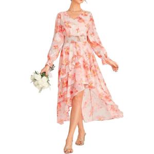 imageGRACE KARIN Long Sleeve Wedding Guest Dress 2025 Boho Maxi Fall Dresses Chiffon Flowy Floral Dress Formal Cocktail PartyApricot Orange Floral
