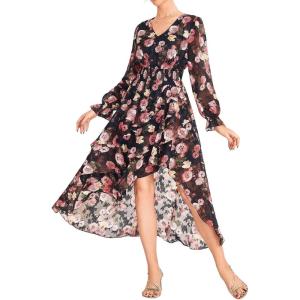 imageGRACE KARIN Long Sleeve Wedding Guest Dress 2025 Boho Maxi Fall Dresses Chiffon Flowy Floral Dress Formal Cocktail PartyBlack Red Floral
