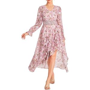 imageGRACE KARIN Long Sleeve Wedding Guest Dress 2025 Boho Maxi Fall Dresses Chiffon Flowy Floral Dress Formal Cocktail PartyPink Floral