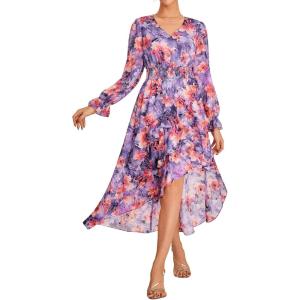 imageGRACE KARIN Long Sleeve Wedding Guest Dress 2025 Boho Maxi Fall Dresses Chiffon Flowy Floral Dress Formal Cocktail PartyPurple Red Floral