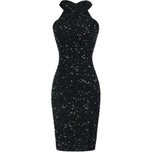 imageGRACE KARIN Sequin Dress for Women Sleeveless Sparkly Glitter Halter Dress Bodycon Mini Club Dresses 2025Black