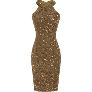 imageGRACE KARIN Sequin Dress for Women Sleeveless Sparkly Glitter Halter Dress Bodycon Mini Club Dresses 2025Brown