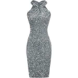 imageGRACE KARIN Sequin Dress for Women Sleeveless Sparkly Glitter Halter Dress Bodycon Mini Club Dresses 2025Dark Gray