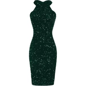 imageGRACE KARIN Sequin Dress for Women Sleeveless Sparkly Glitter Halter Dress Bodycon Mini Club Dresses 2025Dark Green