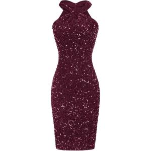 imageGRACE KARIN Sequin Dress for Women Sleeveless Sparkly Glitter Halter Dress Bodycon Mini Club Dresses 2025Dark Red