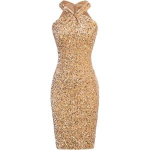 imageGRACE KARIN Sequin Dress for Women Sleeveless Sparkly Glitter Halter Dress Bodycon Mini Club Dresses 2025Gold
