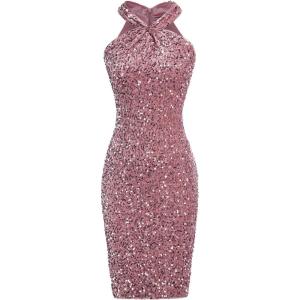 imageGRACE KARIN Sequin Dress for Women Sleeveless Sparkly Glitter Halter Dress Bodycon Mini Club Dresses 2025Gray Pink