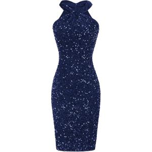 imageGRACE KARIN Sequin Dress for Women Sleeveless Sparkly Glitter Halter Dress Bodycon Mini Club Dresses 2025Navy Blue