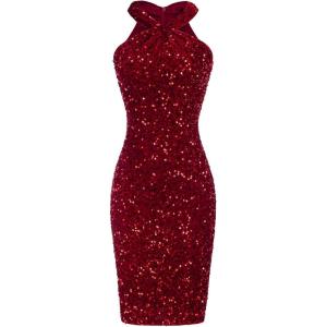 imageGRACE KARIN Sequin Dress for Women Sleeveless Sparkly Glitter Halter Dress Bodycon Mini Club Dresses 2025Red