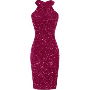 imageGRACE KARIN Sequin Dress for Women Sleeveless Sparkly Glitter Halter Dress Bodycon Mini Club Dresses 2025Rose Red