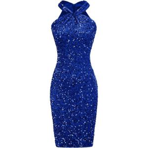 imageGRACE KARIN Sequin Dress for Women Sleeveless Sparkly Glitter Halter Dress Bodycon Mini Club Dresses 2025Royal Blue