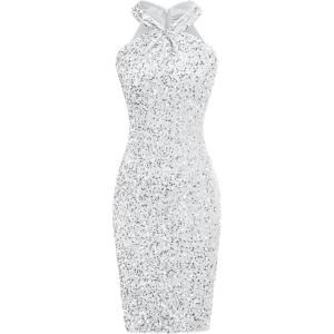 imageGRACE KARIN Sequin Dress for Women Sleeveless Sparkly Glitter Halter Dress Bodycon Mini Club Dresses 2025Silver