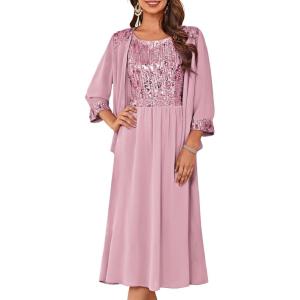 imageGRACE KARIN Wedding Guest Dress Mother of The Bride Dresses Two Piece Formal Sequin Dress with Jacket Tea Length 2025Gray Pink