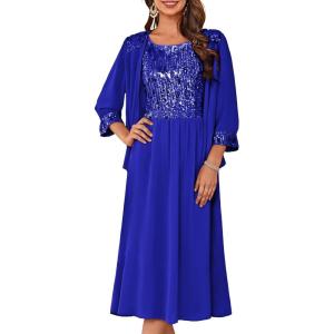 imageGRACE KARIN Wedding Guest Dress Mother of The Bride Dresses Two Piece Formal Sequin Dress with Jacket Tea Length 2025Royal Blue
