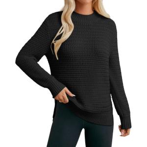 imageGRACE KARIN Women 2025 Fall Knit Sweaters Soft Long Sleeve Pullover Trendy Mock Neck Side Slit Loose Sweater TopsBlack