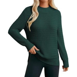 imageGRACE KARIN Women 2025 Fall Knit Sweaters Soft Long Sleeve Pullover Trendy Mock Neck Side Slit Loose Sweater TopsDark Green