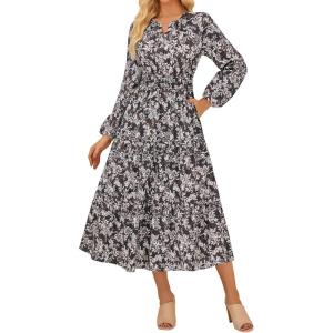 imageGRACE KARIN Women Fall Wedding Guest Dresses 2025 Floral Long Sleeve Maxi Dress Boho V Neck Empire Waist DressBlack Floral
