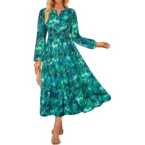 imageGRACE KARIN Women Fall Wedding Guest Dresses 2025 Floral Long Sleeve Maxi Dress Boho V Neck Empire Waist DressGreen Floral