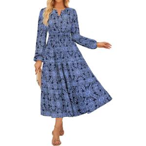 imageGRACE KARIN Women Fall Wedding Guest Dresses 2025 Floral Long Sleeve Maxi Dress Boho V Neck Empire Waist DressNavy Blue