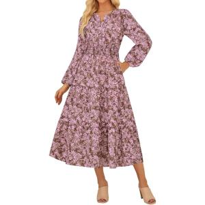 imageGRACE KARIN Women Fall Wedding Guest Dresses 2025 Floral Long Sleeve Maxi Dress Boho V Neck Empire Waist DressPink Floral