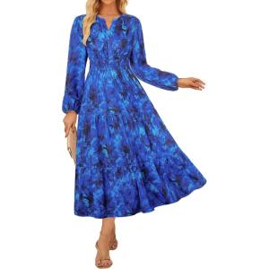 imageGRACE KARIN Women Fall Wedding Guest Dresses 2025 Floral Long Sleeve Maxi Dress Boho V Neck Empire Waist DressRoyalblue Floral