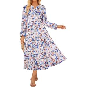 imageGRACE KARIN Women Fall Wedding Guest Dresses 2025 Floral Long Sleeve Maxi Dress Boho V Neck Empire Waist DressSkybule White Floral