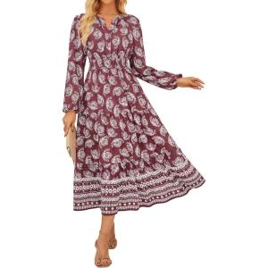 imageGRACE KARIN Women Fall Wedding Guest Dresses 2025 Floral Long Sleeve Maxi Dress Boho V Neck Empire Waist DressWine Red
