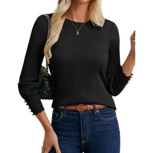 imageGRACE KARIN Women Long Sleeve Sweater Cable Knit Crewneck Sweater Lightweight Knit Pullover Tops with Decorative ButtonsBlack