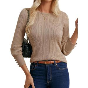 imageGRACE KARIN Women Long Sleeve Sweater Cable Knit Crewneck Sweater Lightweight Knit Pullover Tops with Decorative ButtonsKhaki