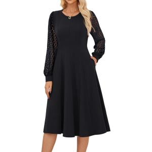 imageGRACE KARIN Womens 2025 Casual Long Lace Sleeve Dresses Summer Flowy Crewneck A Line Plain Midi Dress with PocketsBlack
