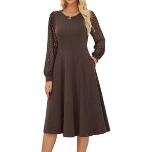imageGRACE KARIN Womens 2025 Casual Long Lace Sleeve Dresses Summer Flowy Crewneck A Line Plain Midi Dress with PocketsBrown