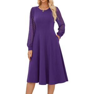 imageGRACE KARIN Womens 2025 Casual Long Lace Sleeve Dresses Summer Flowy Crewneck A Line Plain Midi Dress with PocketsDark Purple
