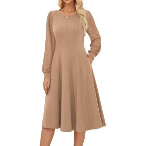 imageGRACE KARIN Womens 2025 Casual Long Lace Sleeve Dresses Summer Flowy Crewneck A Line Plain Midi Dress with PocketsKhaki