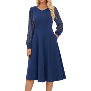 imageGRACE KARIN Womens 2025 Casual Long Lace Sleeve Dresses Summer Flowy Crewneck A Line Plain Midi Dress with PocketsNavy Blue